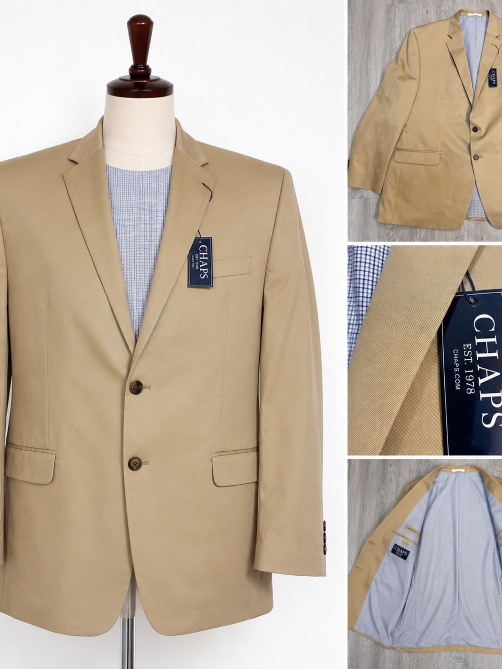NWT Chaps Jacket Mens 48R Beige Cotton Blazer Business Pockets Single Breasted